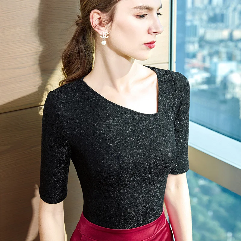 

Sloping shoulder middle sleeve t-shirt women's new 2020 spring and autumn western style female niche top with a scheming design