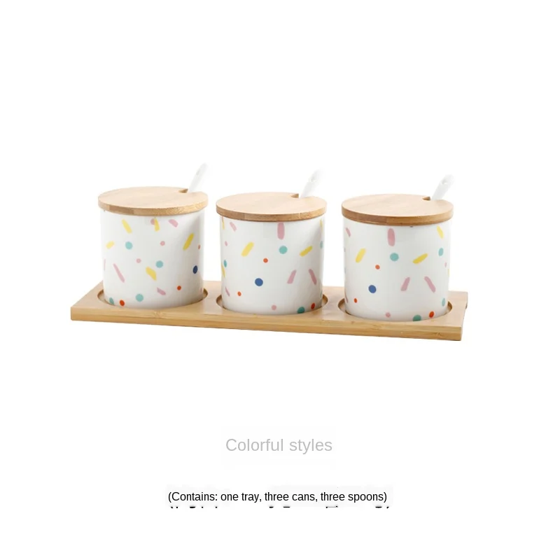 

Kitchen Seasoning Pot Seasoning Box Combination with Lid Nordic Seasoning Bottle with Spoon Salt Pot Ceramic Three Piece Set