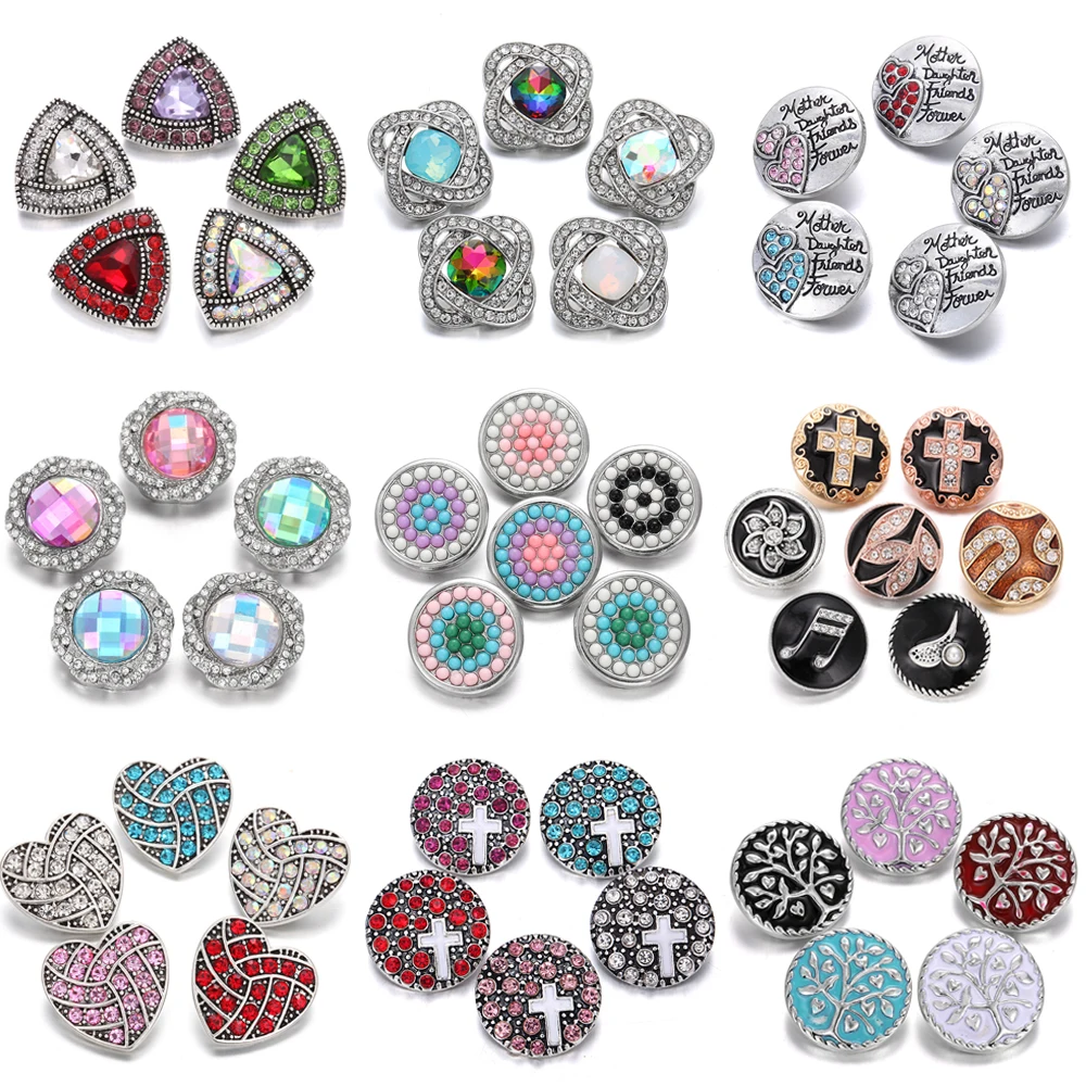 

6pcs/lot Hot Sale Snap Button Jewelry Crystal Rhinestone Flower Cross Love Heart Metal 18mm Snap Buttons Fit DIY Snap Bracelet