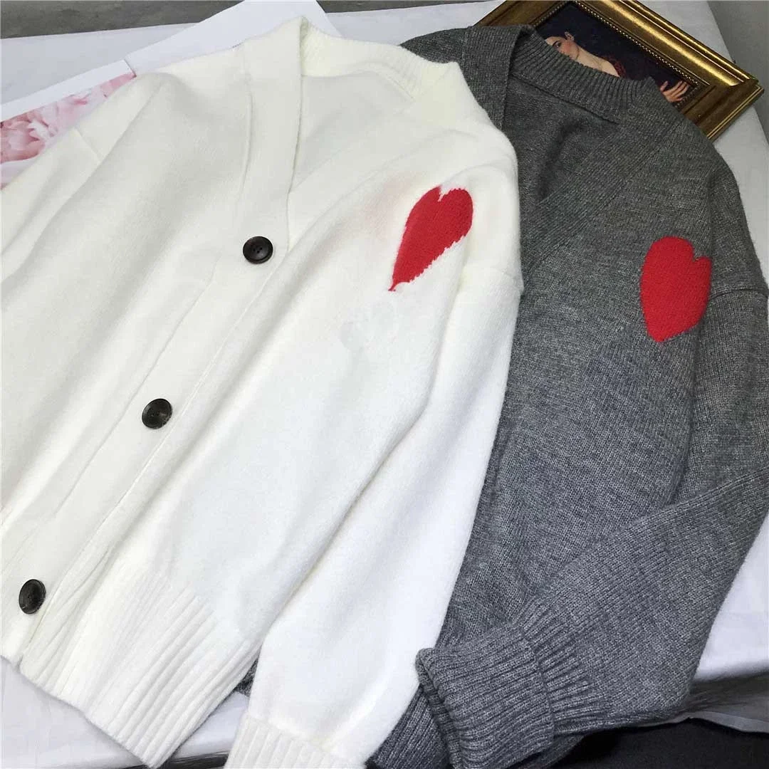 2021New Korean Fashion Oversized Knitted Cardigan Red Heart Letter A Loose Long-Sleeved Men Winter Sweater VNeck Unisex Jackets |