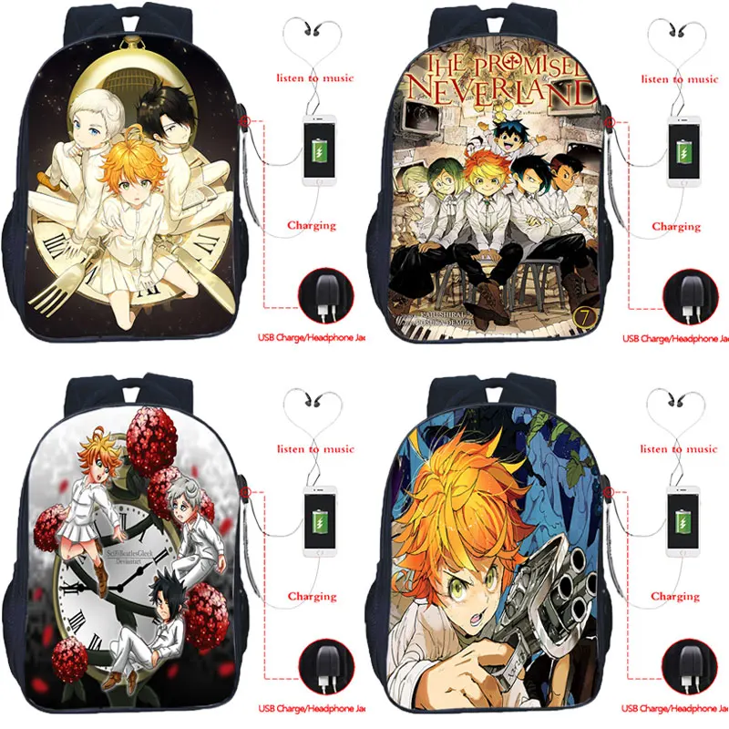 

3d Printed The Promised Neverland Anime Backpack for Men Teenager School Bags USB Cable Schoolbag Men Travel Backpacks Mochilas