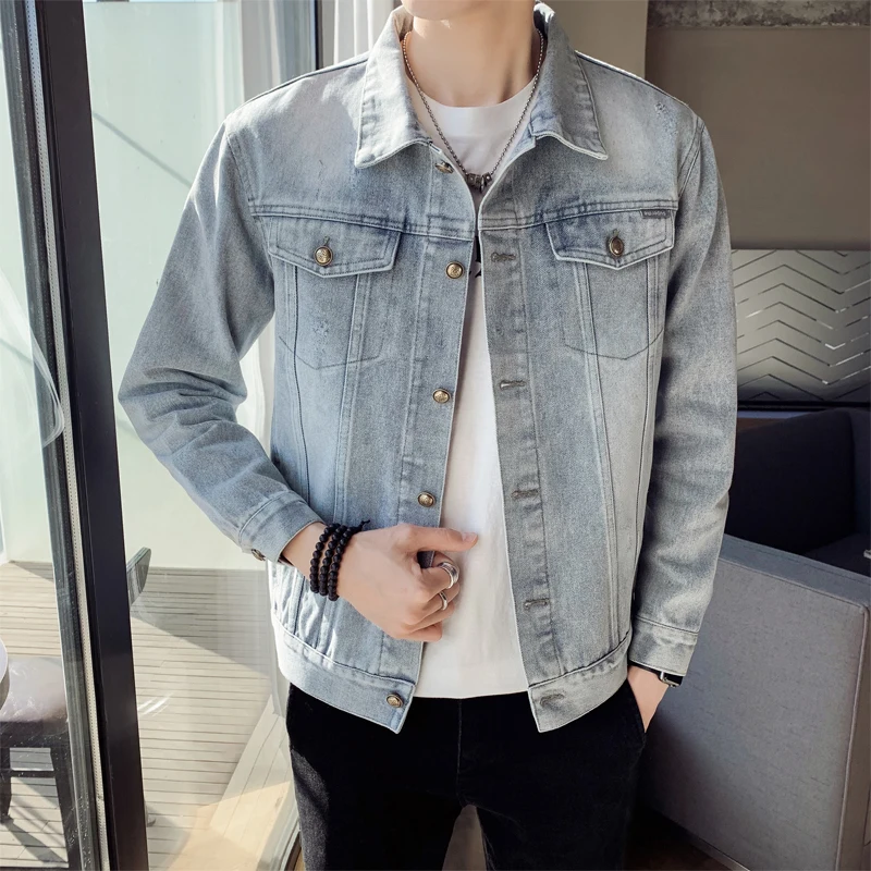 

Quality Spring New Back Hole Men Jeans Jackets Long Sleeve Simple Single Breasted Slim Fit Casual Denim Coats Turn Down Collar