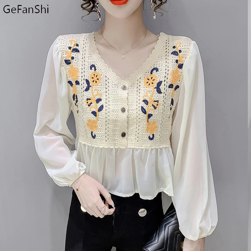 

Женская шифоновая блузка с длинным рукавом, Элегантная блузка с цветочным кружевом в Корейском стиле, Новинка лета-осени 2022