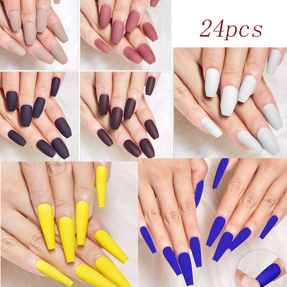 Nail Art Long Fake Nails Matte Ballet Tips Press on False with Glue Coffin Stick Display Set Full Cover Artificial Designs Kiss