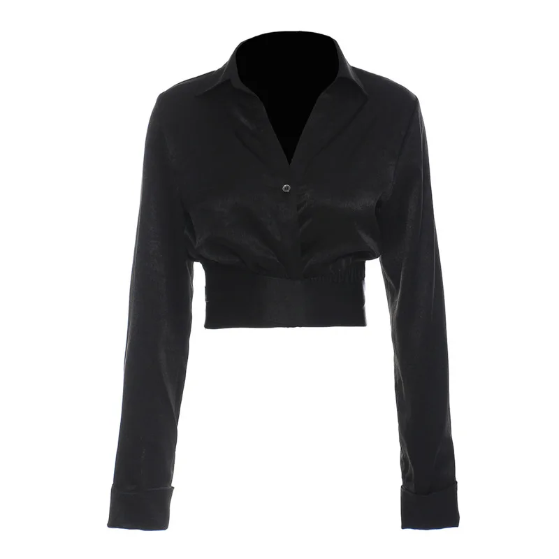 

[DEAT]2021 spring and summer French short waist elastic lace up shirt women solid v-neck collar long sleeve jacket female GX1251