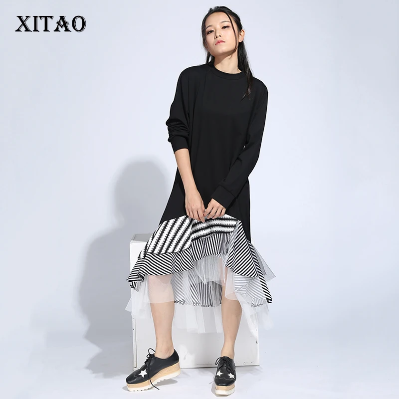 Женское Сетчатое платье с рюшами XITAO лоскутное до середины икры в полоску круглым