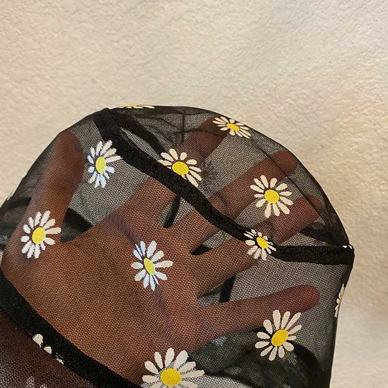 Women Daisies Embroidered Buckets Hat Transparent Lace Flower Beach Hats Daisy Sun Cap Summer