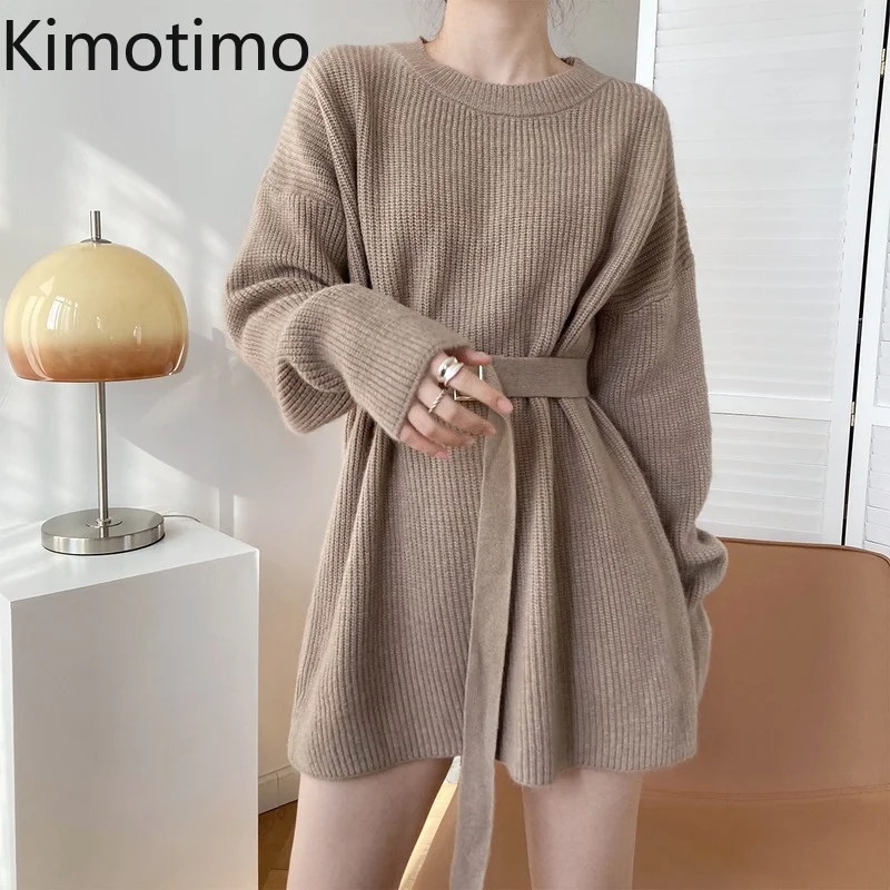 

Элегантное трикотажное платье Kimotimo, женские корейские шикарные Простые платья-свитеры средней длины с круглым вырезом и длинными рукавами