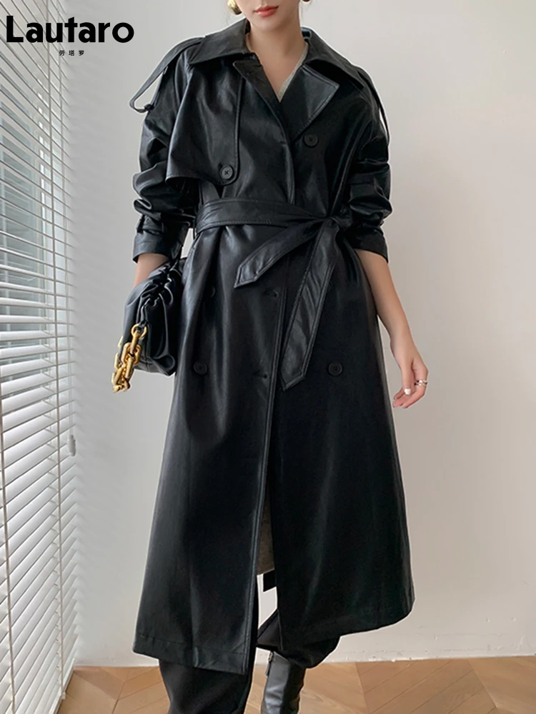 Lautaro Осенний длинный оверсайз черный кожаный плащ для женщин с длинным рукавом