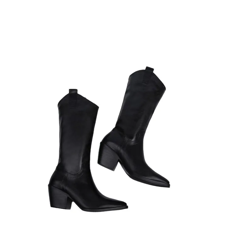 

pointed thick heel boots, large British New denim boots, women's high boots