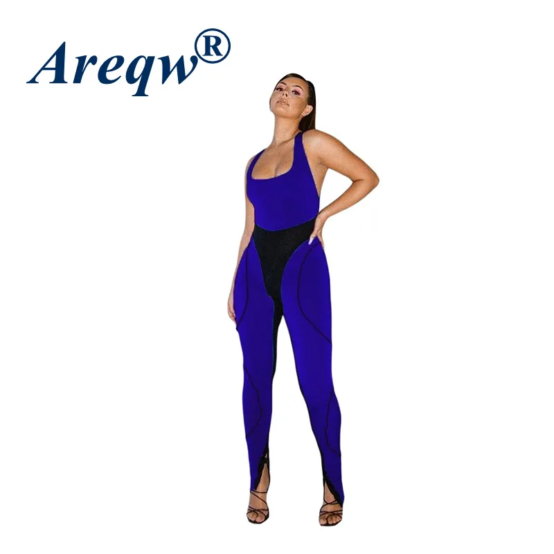

2021 Spring New Women's Fashion Contrast Color Stitching High Waist Skinny Sleeveless Sports Fitness Jumpsuit