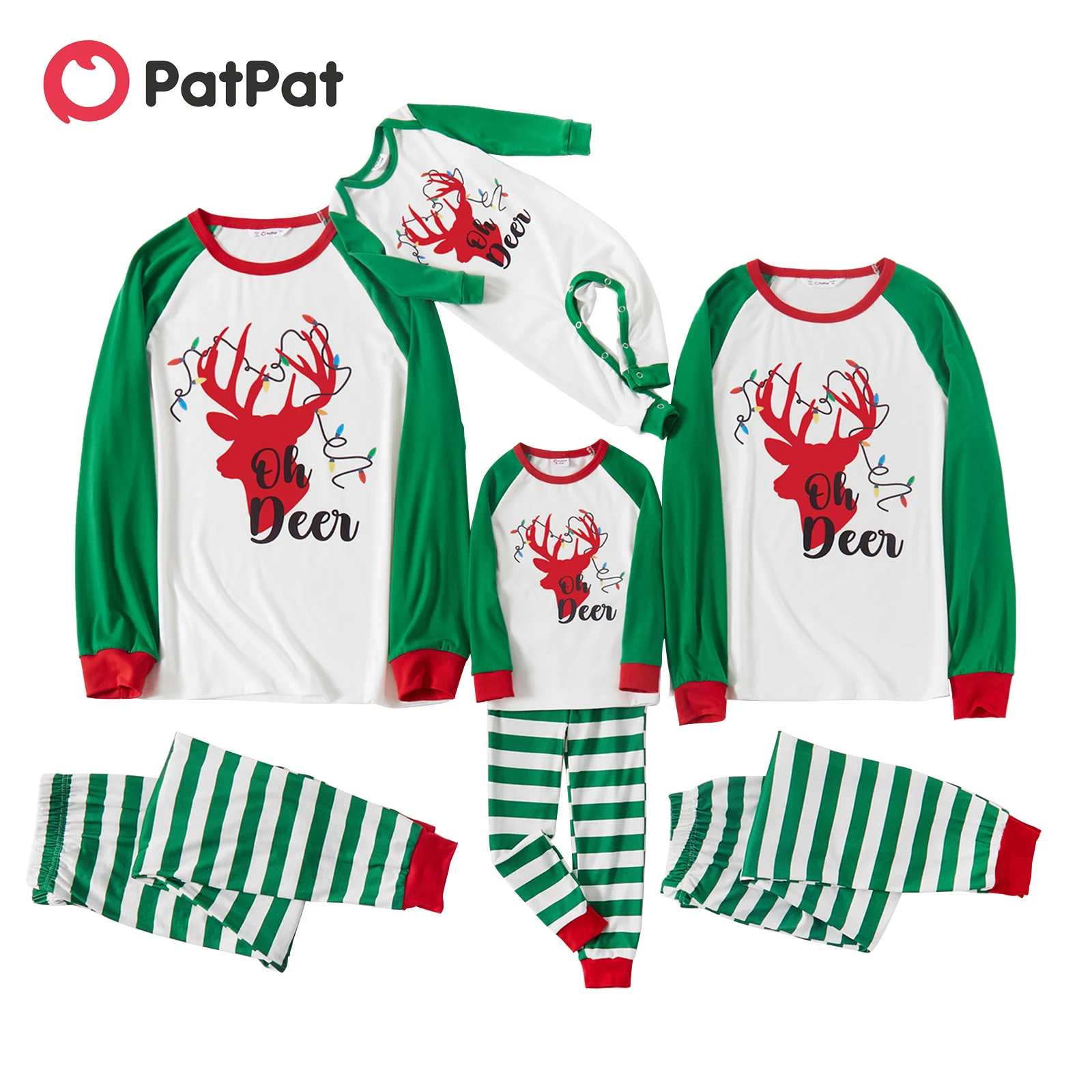 

PatPat y Christmas Deer and Letter Print Family Matching Green Raglan Long-sleeve Striped Pajamas Sets