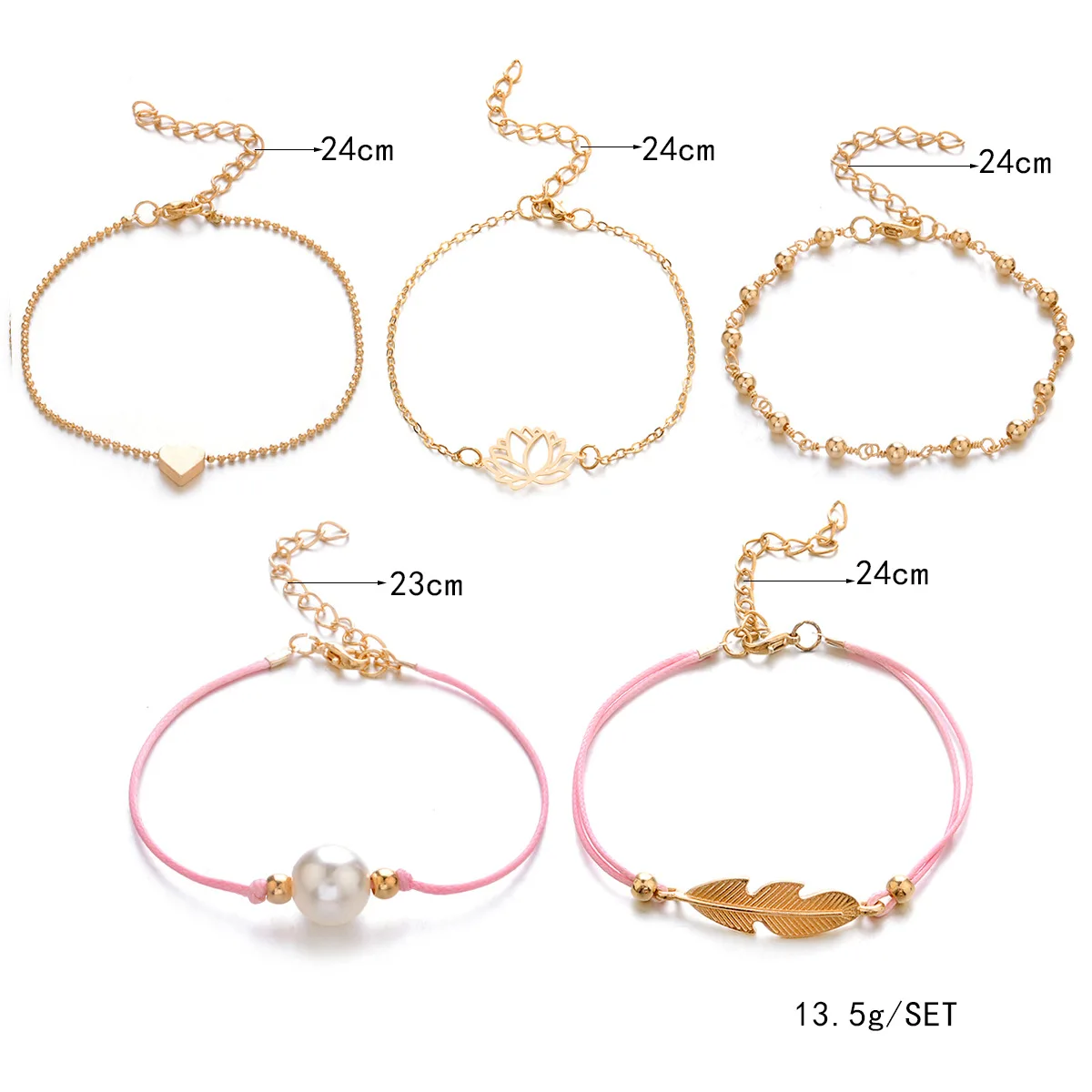 Женский браслет с искусственным жемчугом цепочка листьями и сердцем золотого