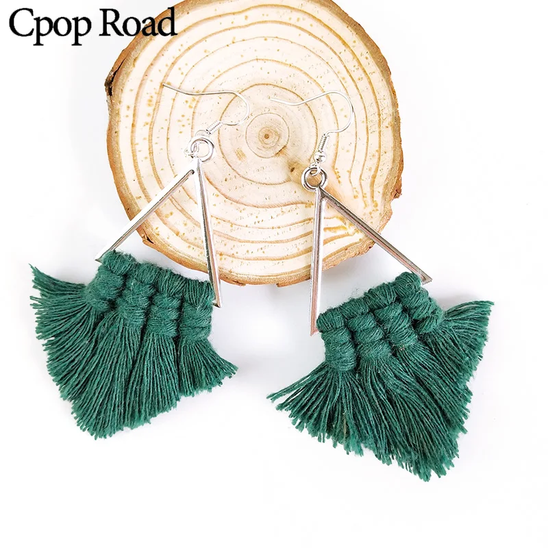 Женские сережки кисточки Cpop треугольные с хлопковой нитью геометрическим узором