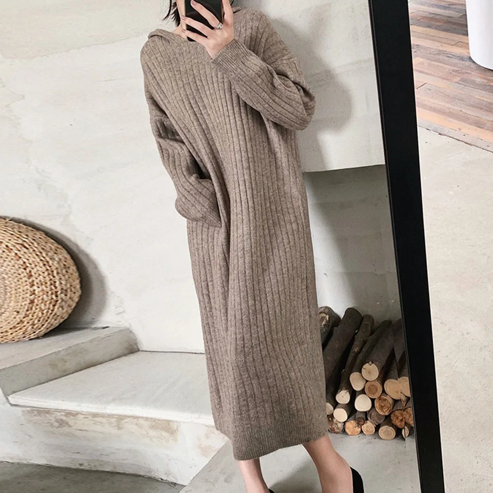 Autumn And Winter Dress New Women's Lazy Style Hooded Loose Knit Stretch Was Thinner Long Sweater Thicken Stripe Dresses | Женская