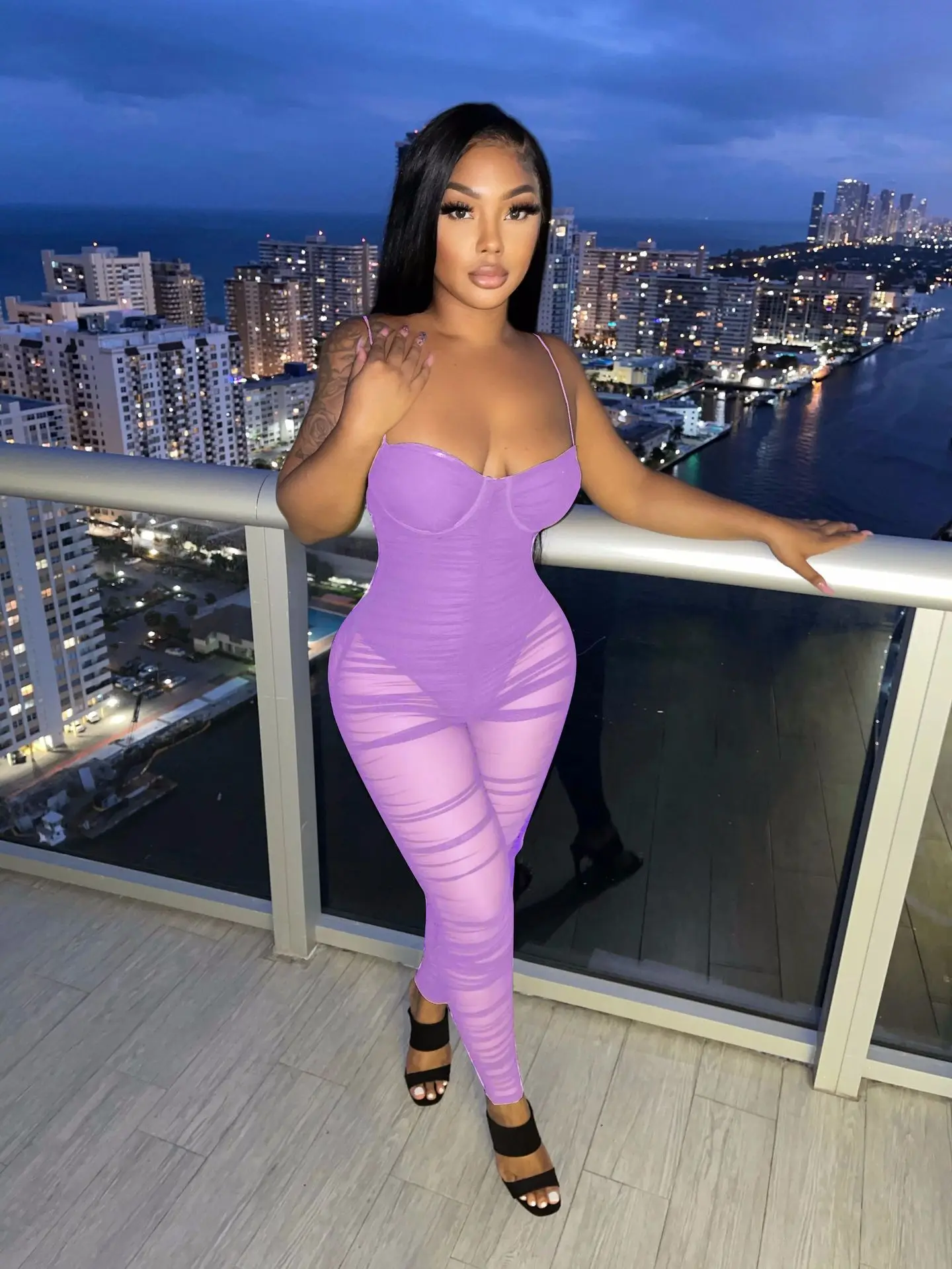 

2021 High-end Fashion ladies sportswear solid color tights see-through see-through rompers sexy chest wrap suspenders nightclub