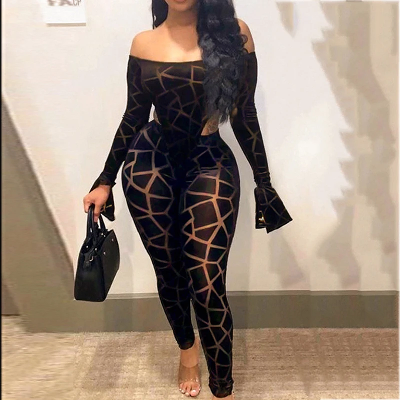 

Transparent Off Shoulder Jumpsuit for Women Slinky Flare Sleeve Sexy Bodysuit Summer Geometry Print Bodycon Club Outfits