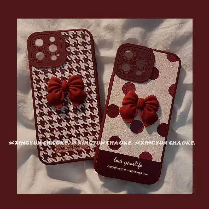 

For iphone series Houndstooth three-dimensional bow iPhone13/12promax Apple 11 mobile phone case xs/xr/xsmax female soft