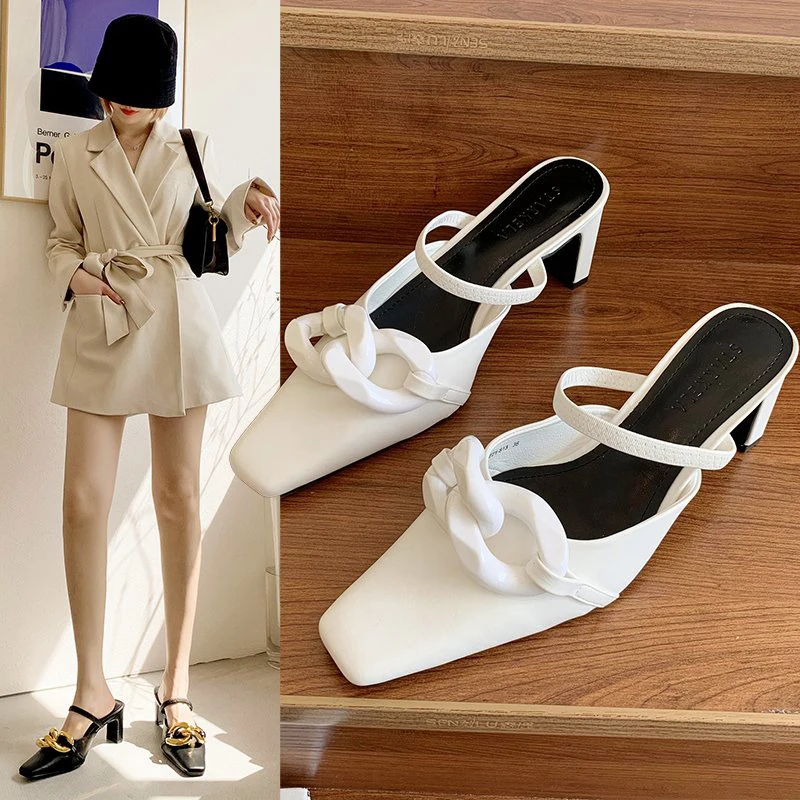 

Shoes Cover Toe Med Slippers Heels Platform Square heel Luxury Slides Slipers Women High Block Designer 2021 PU Rubber Fashion