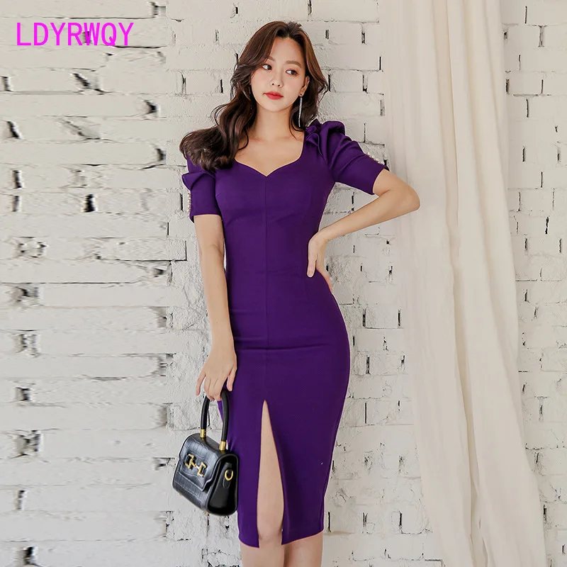 

LDYRWQY 2021 summer new Korean temperament V-neck bubble sleeve fashion slim slit dress Office Lady Polyester