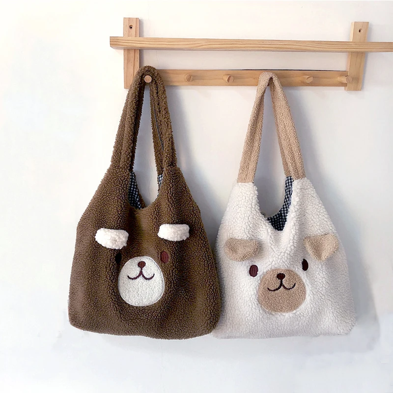 

Tote Bag Handbag for Women 2021 Winter Soft Plush Shopper Bags Fashion Embroidery Cartoon Ears Bear Large Capacity Shoulder Bags