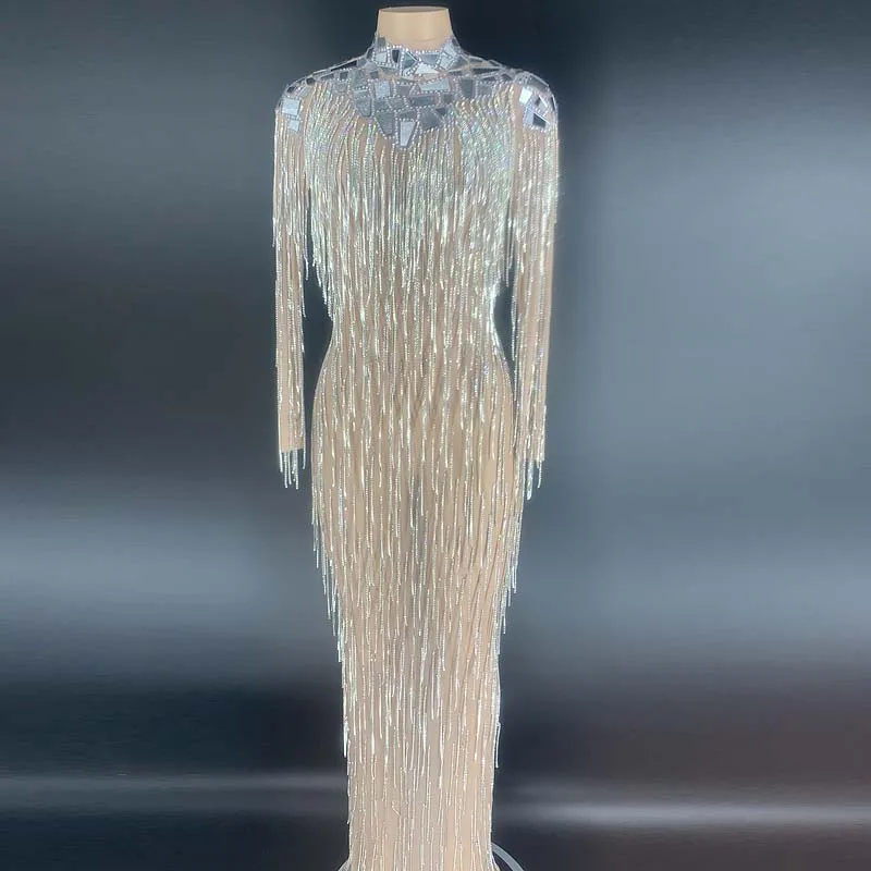 

2020 New Flashing Silver Mirror Stones Fringe Transparent Long Dress Bar Birthday Celebrate Mesh Outfit DS Dance Dress