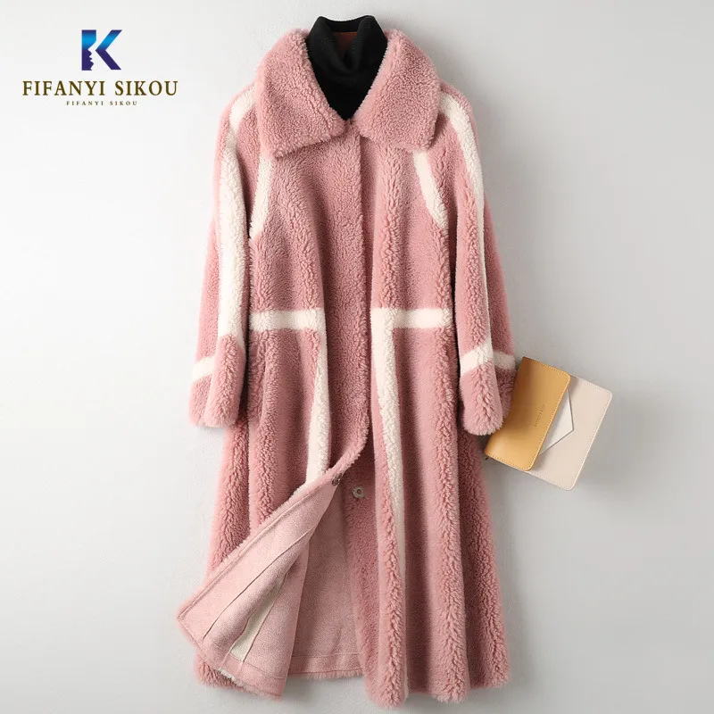 Зимнее женское Шерстяное меховое пальто длинное пушистое из натуральной овечьей