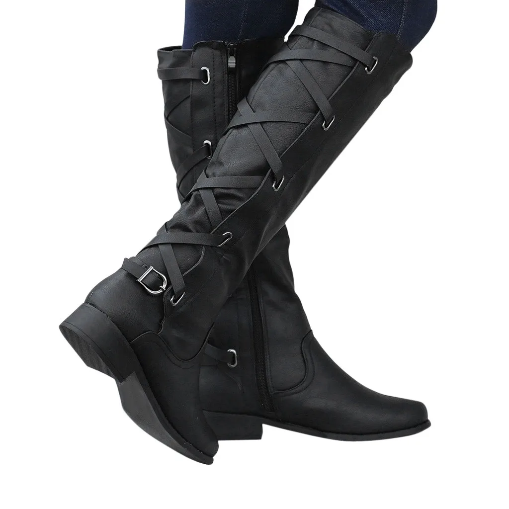 Обувь; женские ботинки; zapatos de mujer; женские ботинки; зимние высокие сапоги до колена с перекрестными ремешками; Теплая обувь в ковбойском стиле