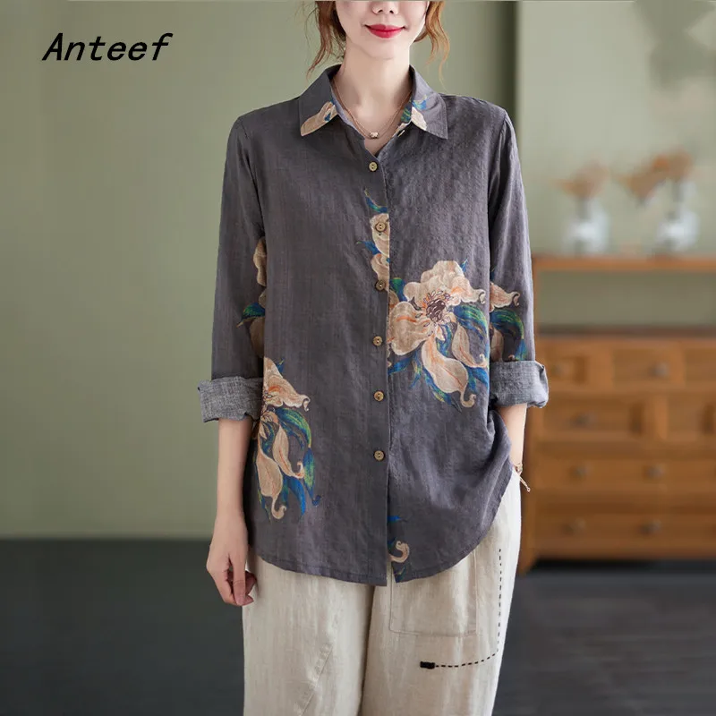 

Рубашки с длинным рукавом из хлопка и льна, винтажные рубашки с цветочным рисунком для блузки, повседневные свободные весенне-осенние Топы ...