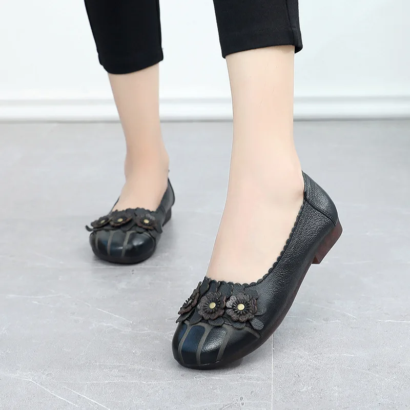 

Women's Ladies Female Woman Mother Shoes Flats Genuine Leather Loafers Black Non Slip On Plus Size 35-41mother day gift