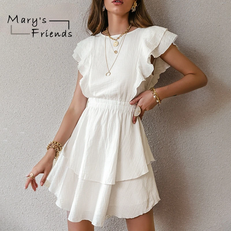 

Simplee White Cotton female chic Dresses Fashion Solid Ruffled Mid-length High-waist Vestidos Sleeveless Summer women Dress 2021