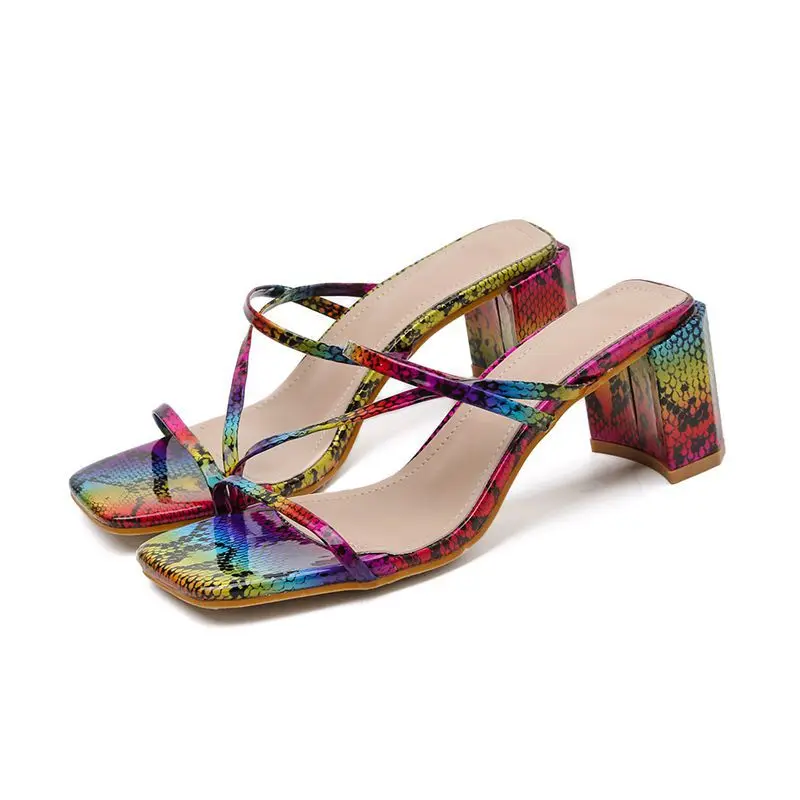 

Summer Sexy Rome Serpentine PU Narrow Band Slides Women Shoes Peep Toe Square 7CM High Heels Mules Slippers Pumps