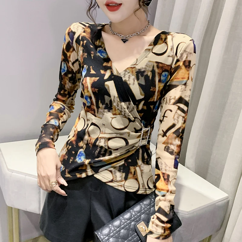 

Fall Winter European Clothes Print T-Shirt Sexy V-Neck Mesh Drape Women Tops Long Sleeve Bottoming Shirt Tees