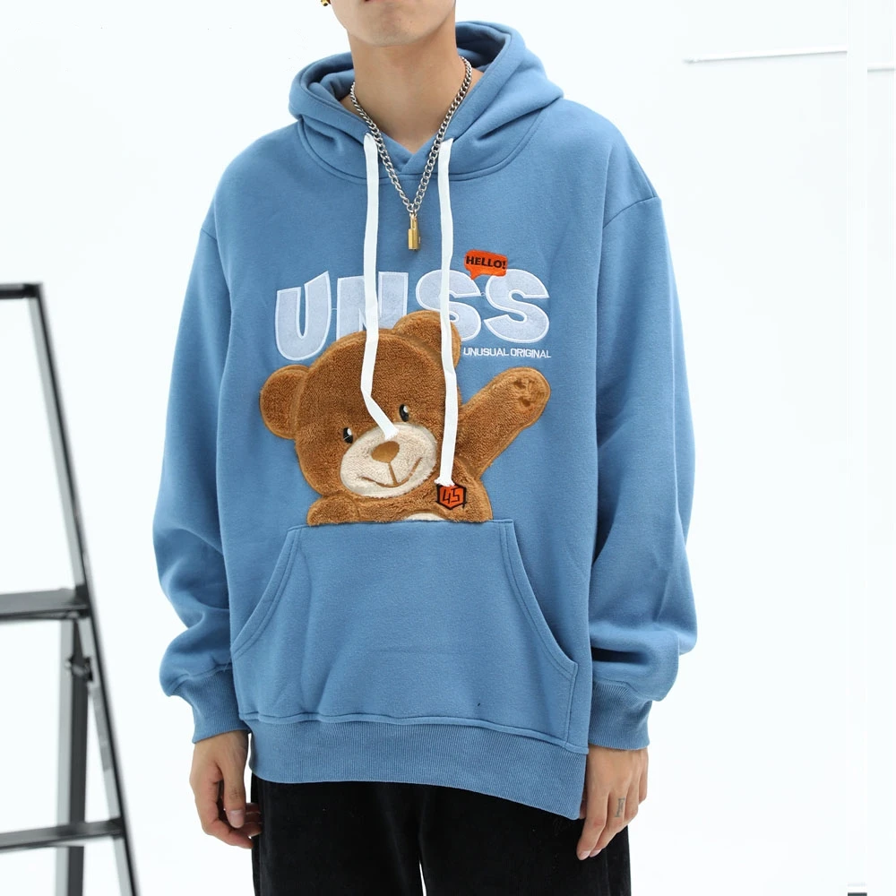 

Creative Embroidery Hello Bear Hoodies Unisex Streetwear Hip Hop Casual Fleece Pullover Hooded Sweatshirts Mens Harajuku Tops