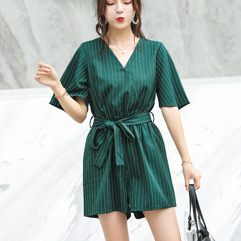 2019 Весна Лето короткий рукав полосатый комбинезон женский сексуальный боди