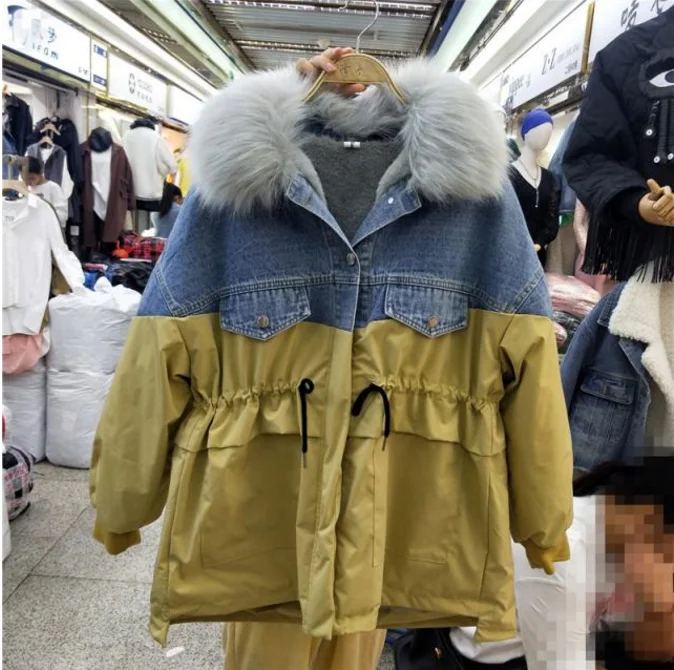 

Faux Fur Collar Thickened Cotton Padded Parka Winter Long Coat Women's Pop Remove Velour Liner Loose Overcoat Windbreaker