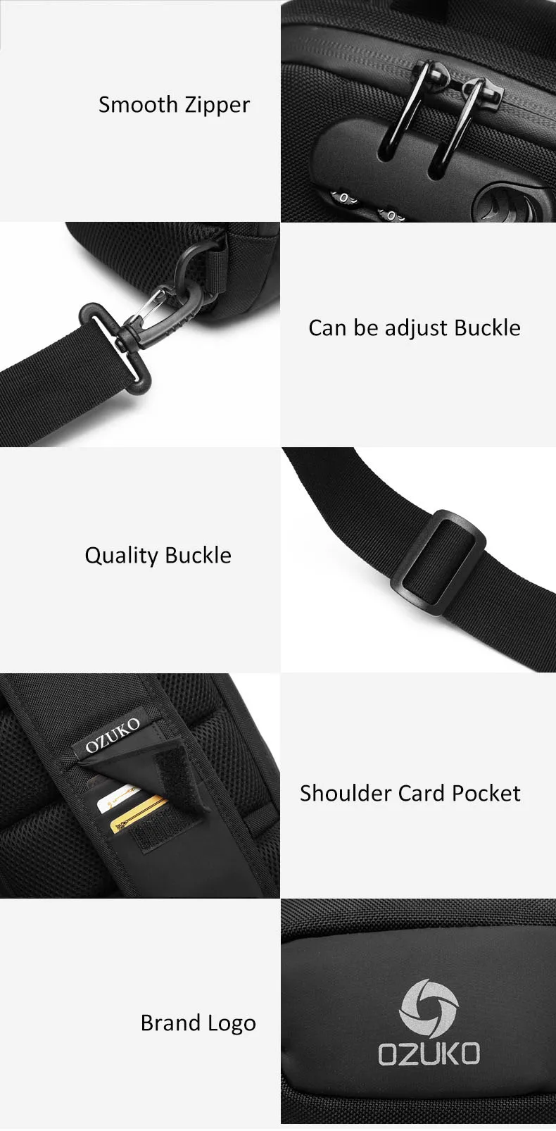 OZUKO Men's Messenger Bag Antitheft Waterproof USB Recharging Shoulder Crossbody Bags Chest Pack Male Sling Bag for Short Trip