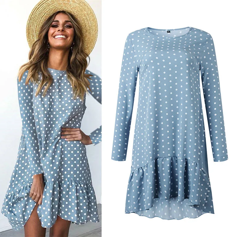 Модные платья с оборками для женщин, с принтом в горошек, с длинными рукавами, мини-платье коричневого цвета винтажной осени большого размера, желтая уличная одежда.