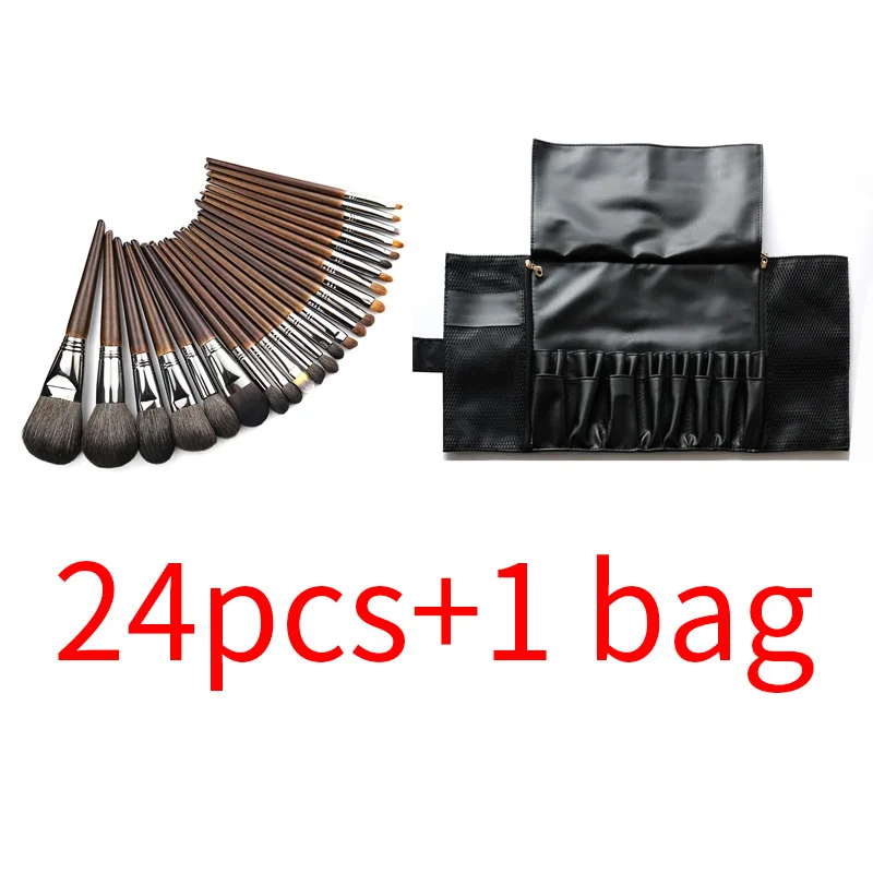 24 pcs with 1 bag OVW коричневый полный Профессиональный натуральный козья шерсть основа пудра консилер контур глаз Смешивание Макияж Кисти Набор - Handle Color: 24 pcs with 1 bag