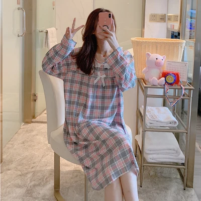 Женская ночная рубашка Fdfklak с длинным рукавом хлопковая Ночная в клетку
