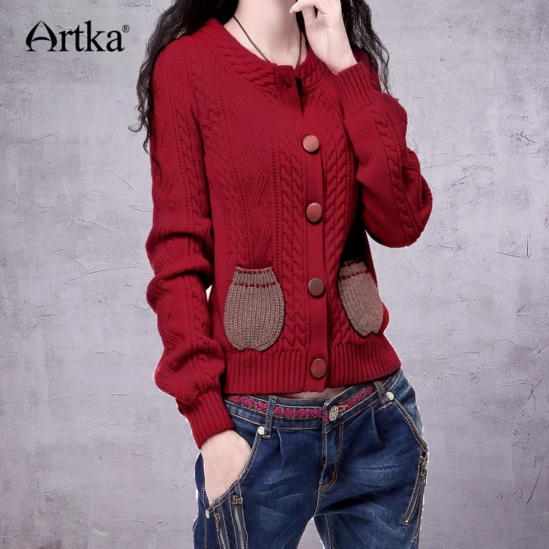 Женский шерстяной кардиган ARTKA Осенний однобортный вязаный с круглым вырезом и