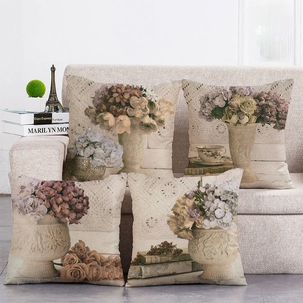

New Retro Style Potted Plant Flower Printing Cushion Cover Linen Pillow Car Home Decoration Decorative Pillowcase Throw Pillows