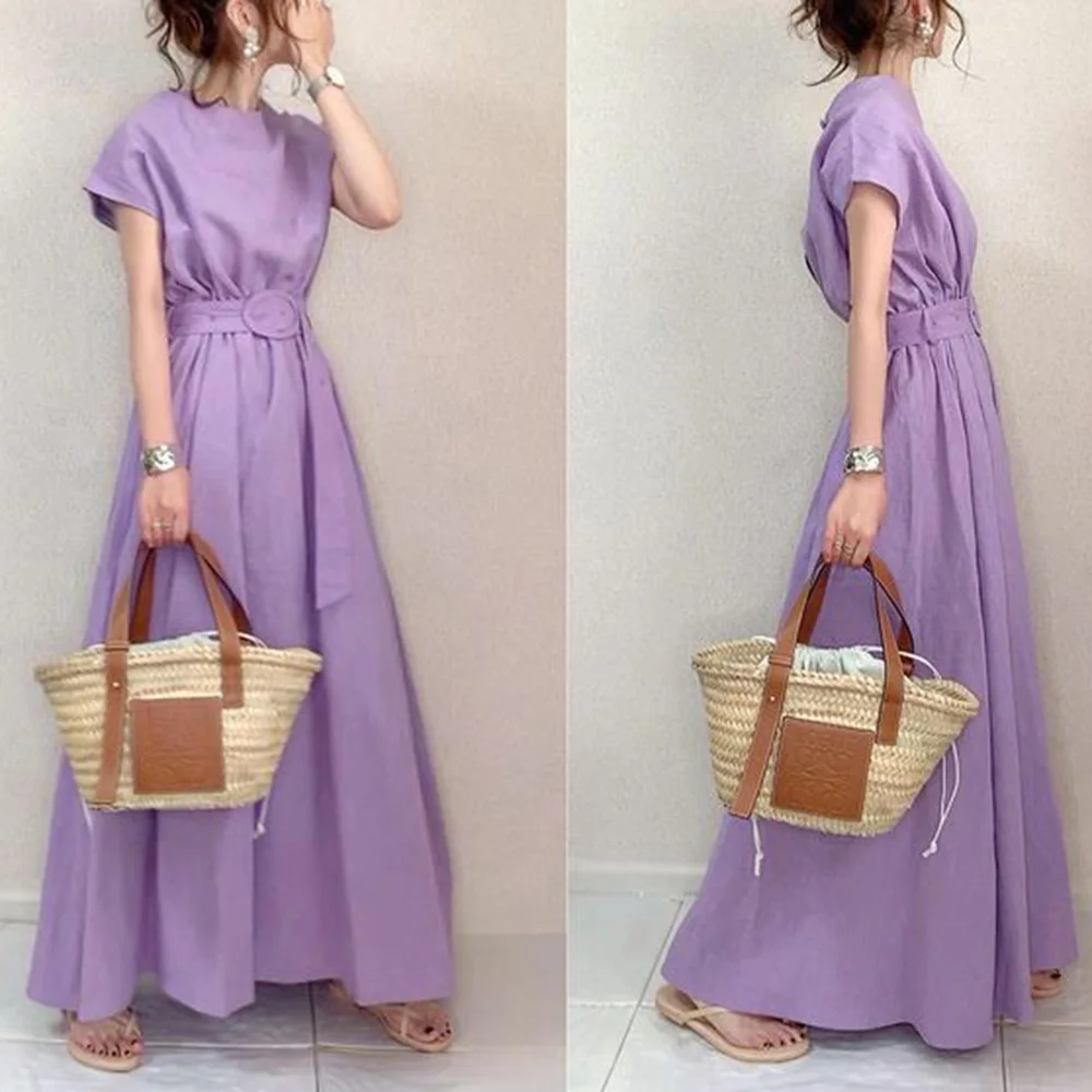 

Women Maxi Length Dress Japanese Short Sleeve Switching Ladies Fashion Korean Style A-line Pullover Swing Dresses 2021 New Look