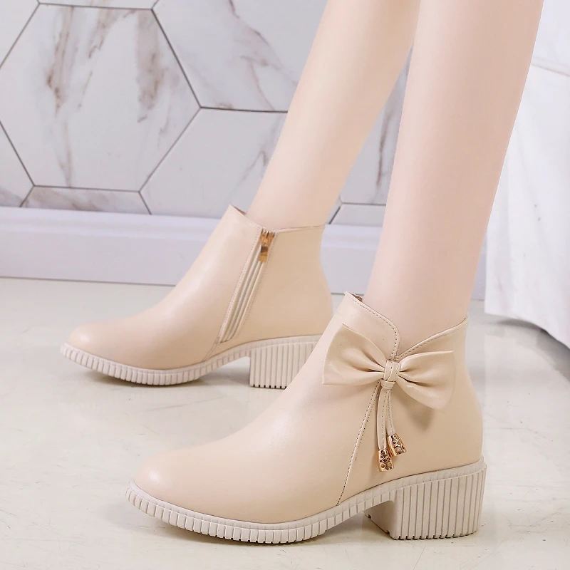 

Elegant Style Winter Women Bottine Low Square Heels Lady Female Slip On Cotton Snow Plush Boots Leather Booties