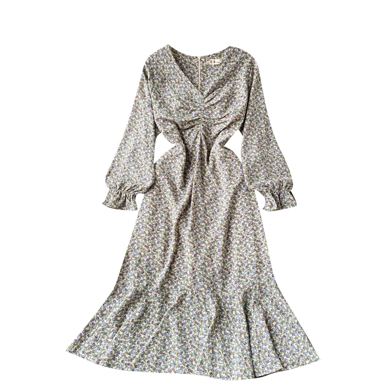 

Women Retro Floral Dress Korean Chic Ruched V Neck Long Sleeve A-line Dresses Spring Bohemian Print Vacation Mid Dress
