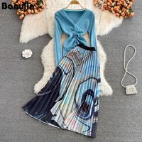 banulin spring autumn runway two piece suit set women knit v neck drawstring top high elastic waist pleated long skirt suit