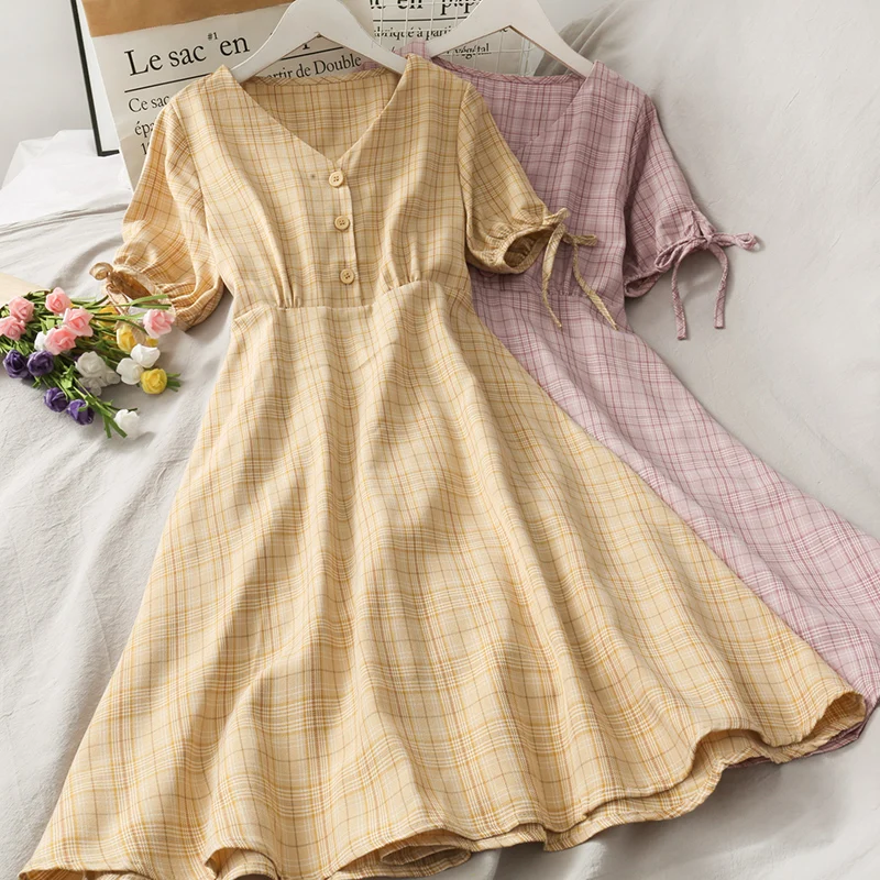 

2021 Summer Women's Retro Checkered Bowknot Lace Puff Sleeve Dress New V-neck Button High Waist Casual Short Sleeve Long Dress