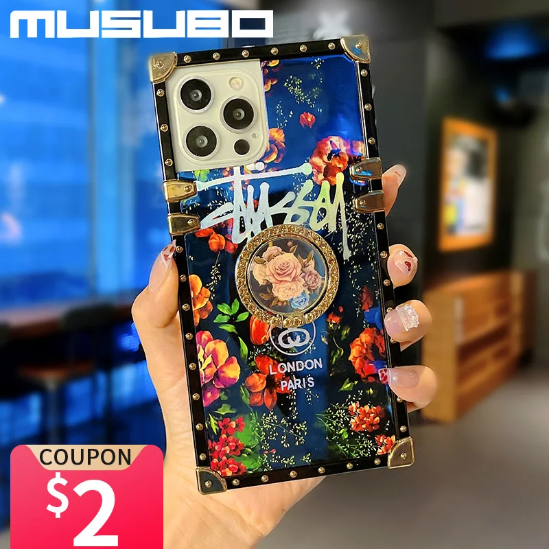 Musubo Luxury Flowers Case For iPhone 14 13 Pro Max 12 Mas 11 XR Fundas Lanyard Cover For iPhone Xs X 8 Plus 7 Laser Coque Capa