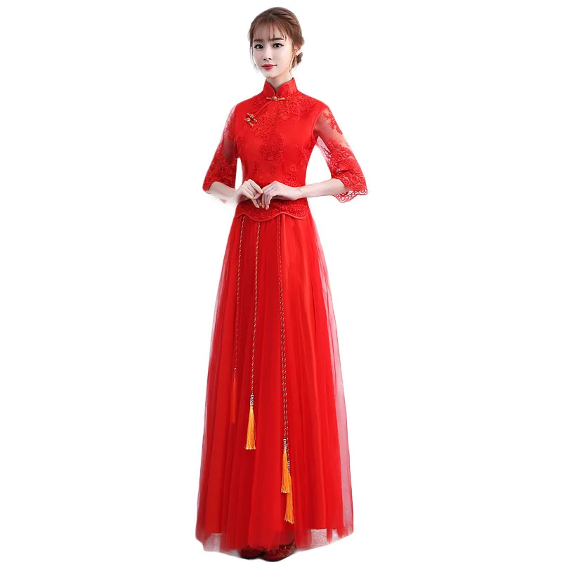 

Red Bride Wedding Party Chinese Dresses Elegant Perspective Mesh Qipao Skirt Plus Size 3XL Mandarin Collar Tassel Evening Dress