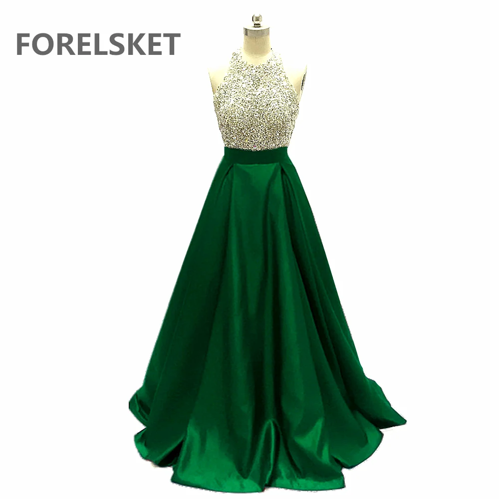 Женское атласное платье с лямкой на шее Зеленое Длинное для выпускного вечера